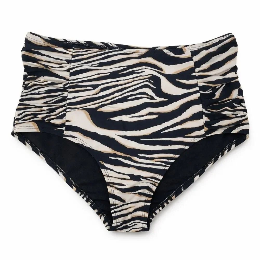Apollo Swimwear Zebra Print High Waisted Bikini Bottoms Size Medium Ruched Sides